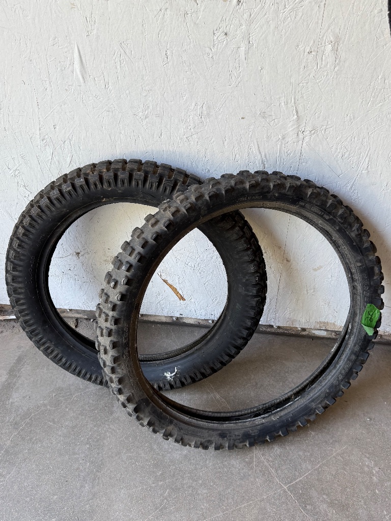 (2) Dunlop D605F & D605 motorcycle tires, 100/90-19 and 120/80-17