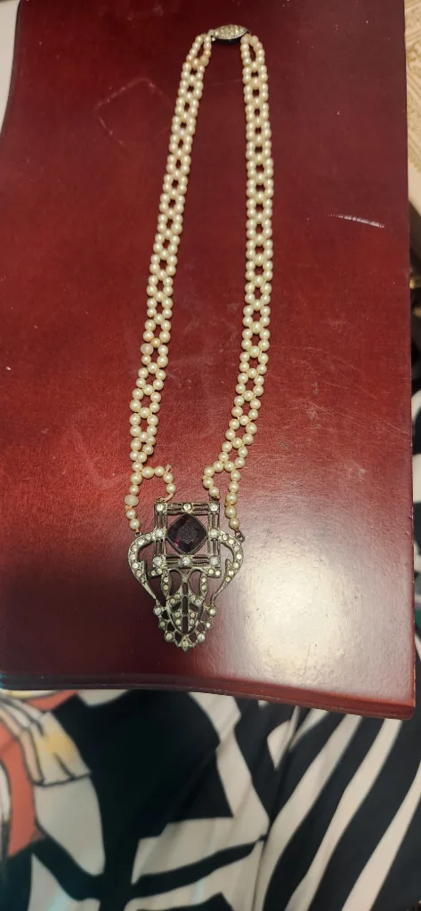 Vintage Sterling Silver Art Deco Pearl Lattice Pendant Necklace - Purple Glass / Amethyst Accent (Stamped STERLING)